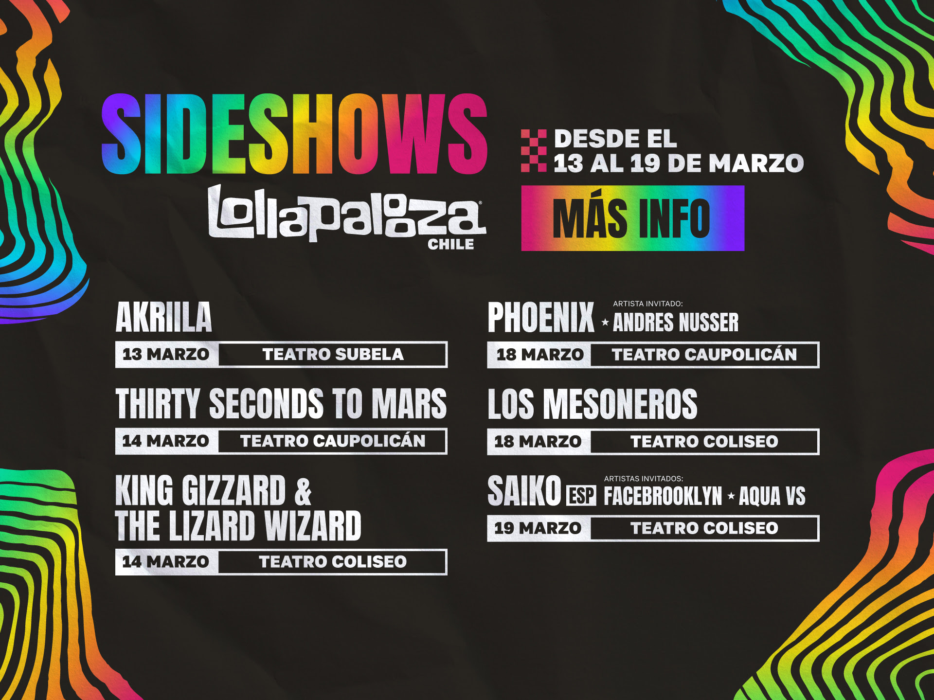 King Gizzard & The Lizard Wizard, Thirty Seconds To Mars, Phoenix y más agendan sideshows Lollapalooza en Chile